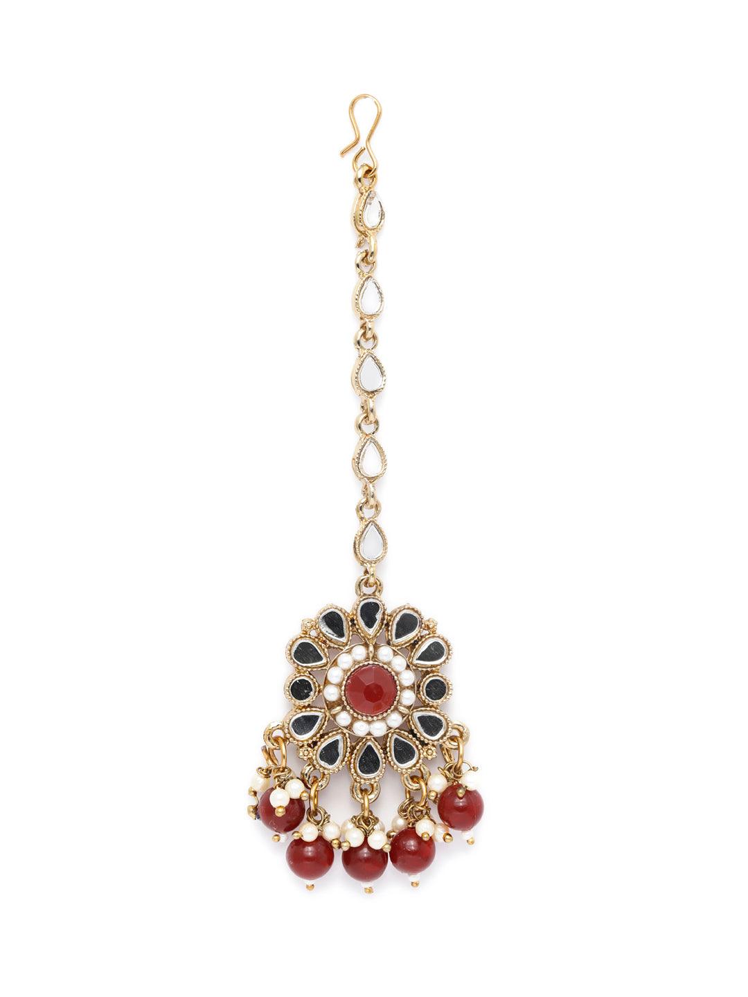 Women's Mirror Studded Maroon Floral Jewellery Set - Priyaasi - Indiakreations