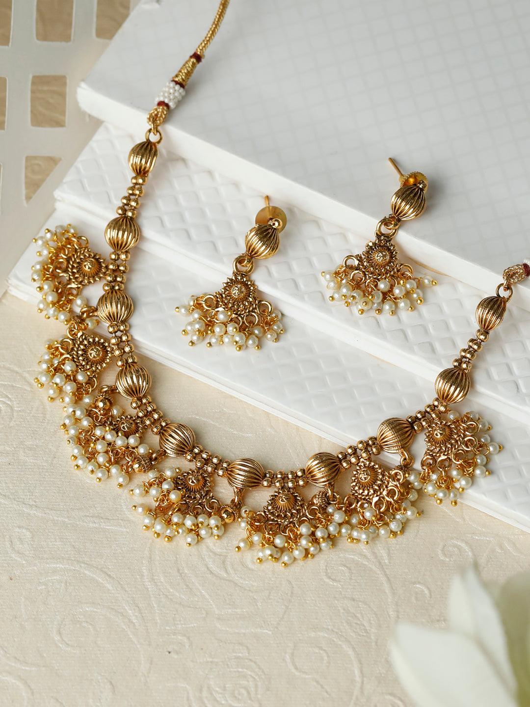 Women's Ethnic Pearl Gold Plated Floral Jewellery Set - Priyaasi - Indiakreations