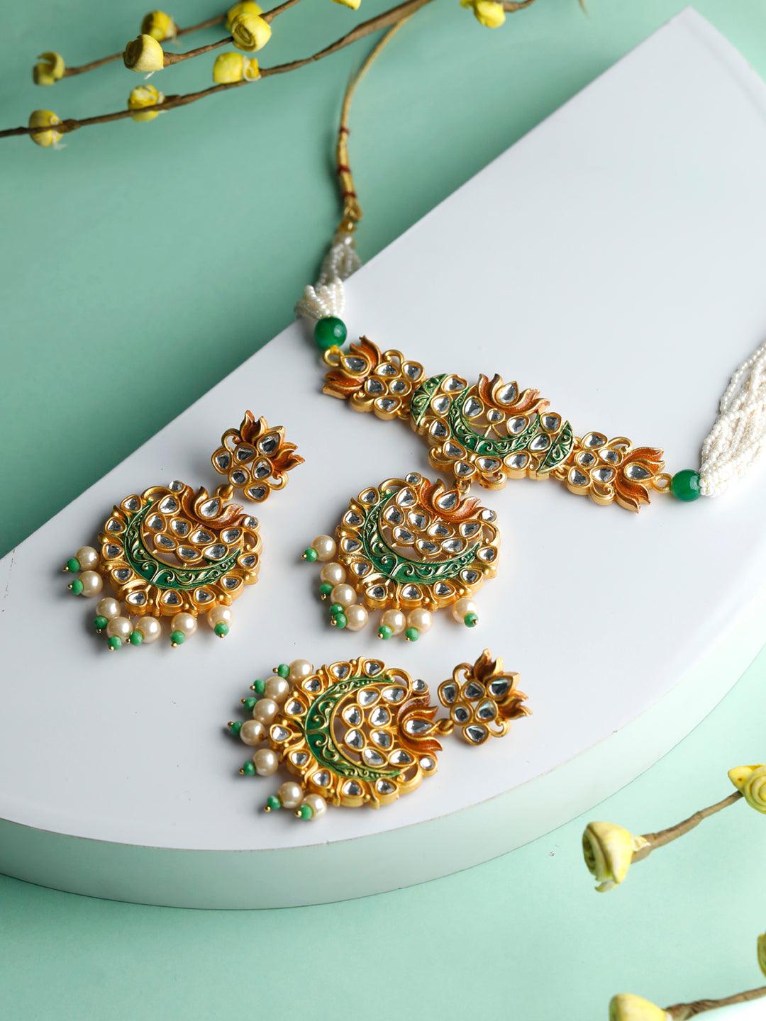 Women's Kundan Green & Gold Lotus Meenakari Jewellery Set- Priyaasi - Indiakreations