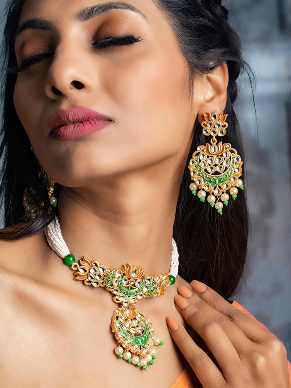 Women's Kundan Green & Gold Lotus Meenakari Jewellery Set- Priyaasi - Indiakreations