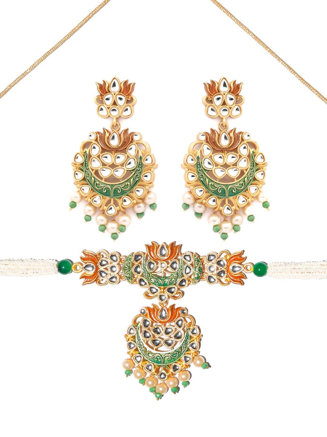 Women's Kundan Green & Gold Lotus Meenakari Jewellery Set- Priyaasi - Indiakreations