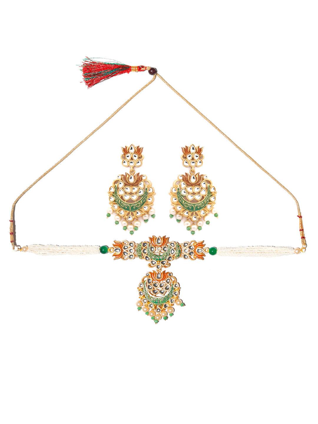 Women's Kundan Green & Gold Lotus Meenakari Jewellery Set- Priyaasi - Indiakreations