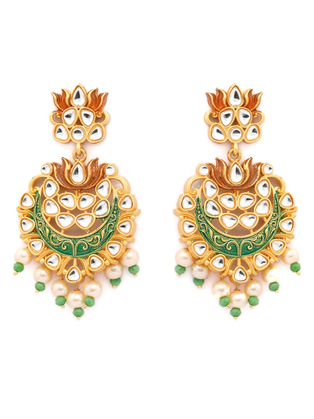 Women's Kundan Green & Gold Lotus Meenakari Jewellery Set- Priyaasi - Indiakreations