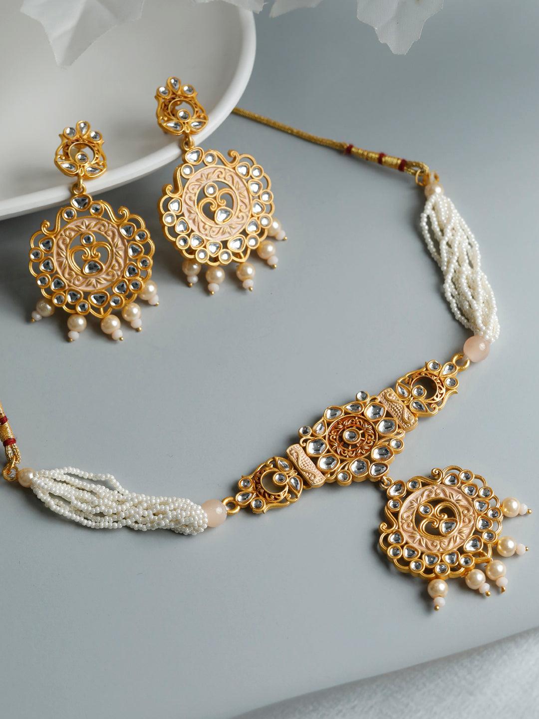 Women's Gold & Peach Kundan Meenakari Jewellery Set- Priyaasi - Indiakreations