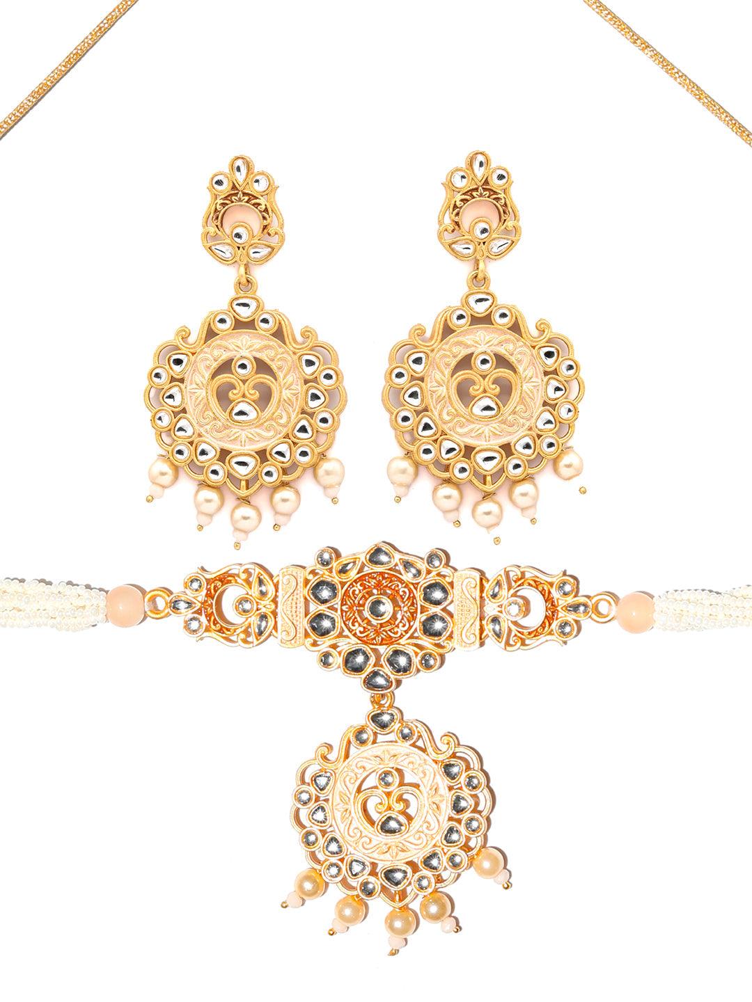 Women's Gold & Peach Kundan Meenakari Jewellery Set- Priyaasi - Indiakreations