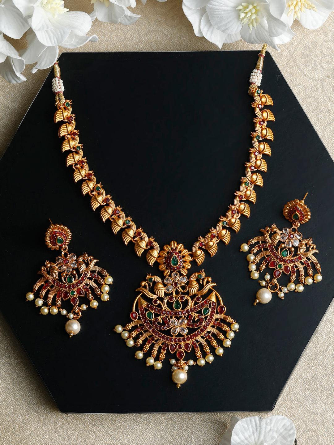 Women's Traditional Gold Plated Real Kemp Peacock Jewellery Set- Priyaasi - Indiakreations