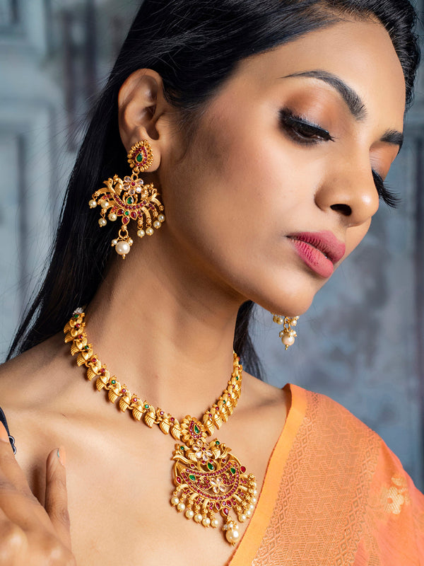 Women's Traditional Gold Plated Real Kemp Peacock Jewellery Set- Priyaasi