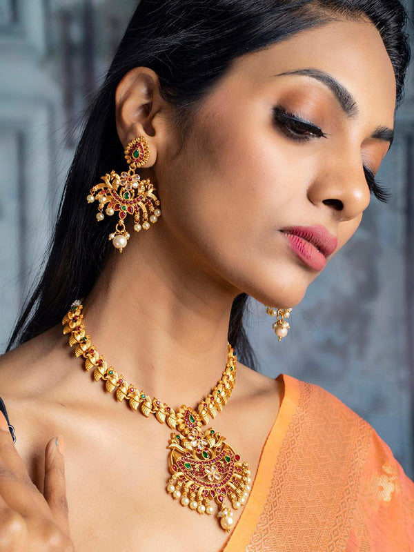 Women's Traditional Gold Plated Real Kemp Peacock Jewellery Set- Priyaasi - Indiakreations