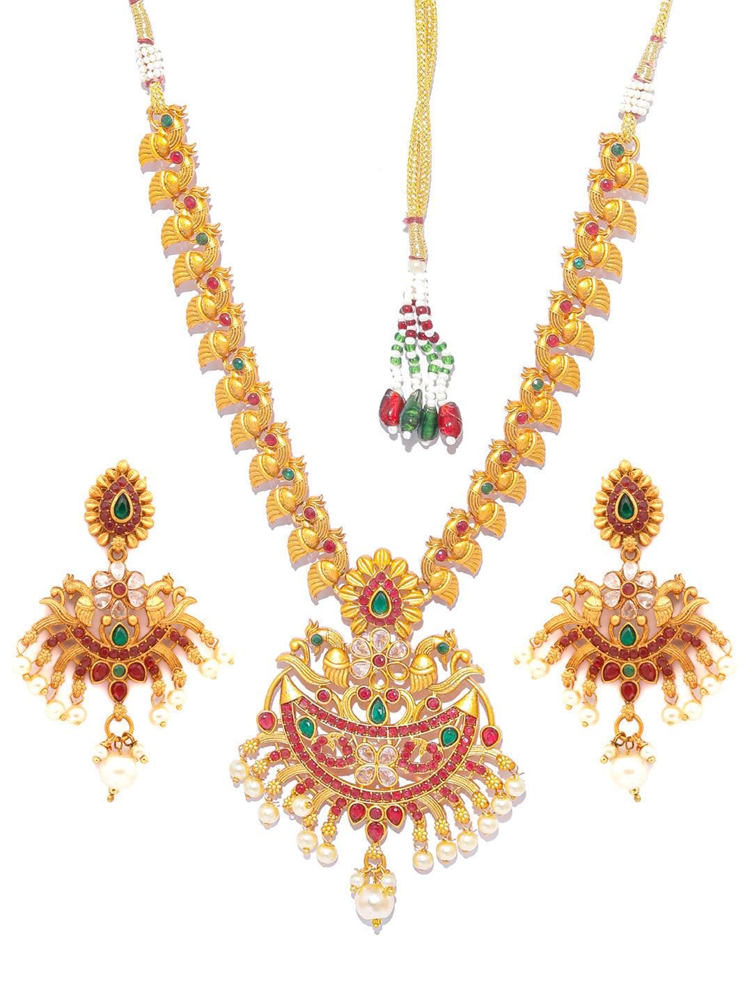 Women's Traditional Gold Plated Real Kemp Peacock Jewellery Set- Priyaasi - Indiakreations