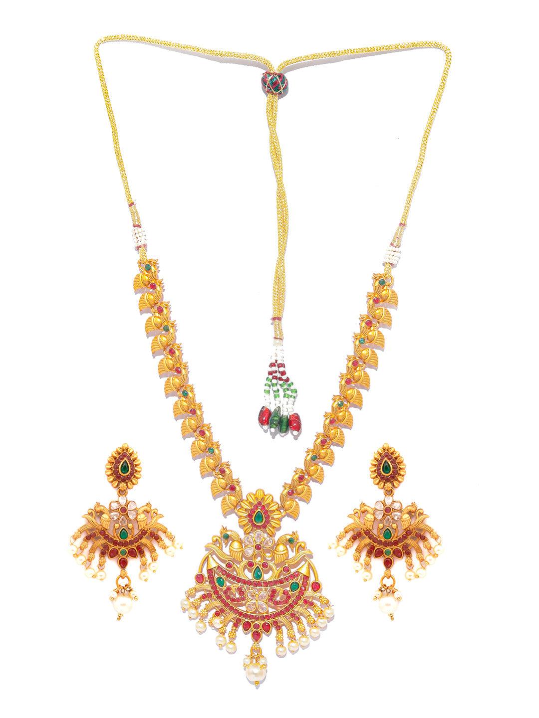 Women's Traditional Gold Plated Real Kemp Peacock Jewellery Set- Priyaasi - Indiakreations