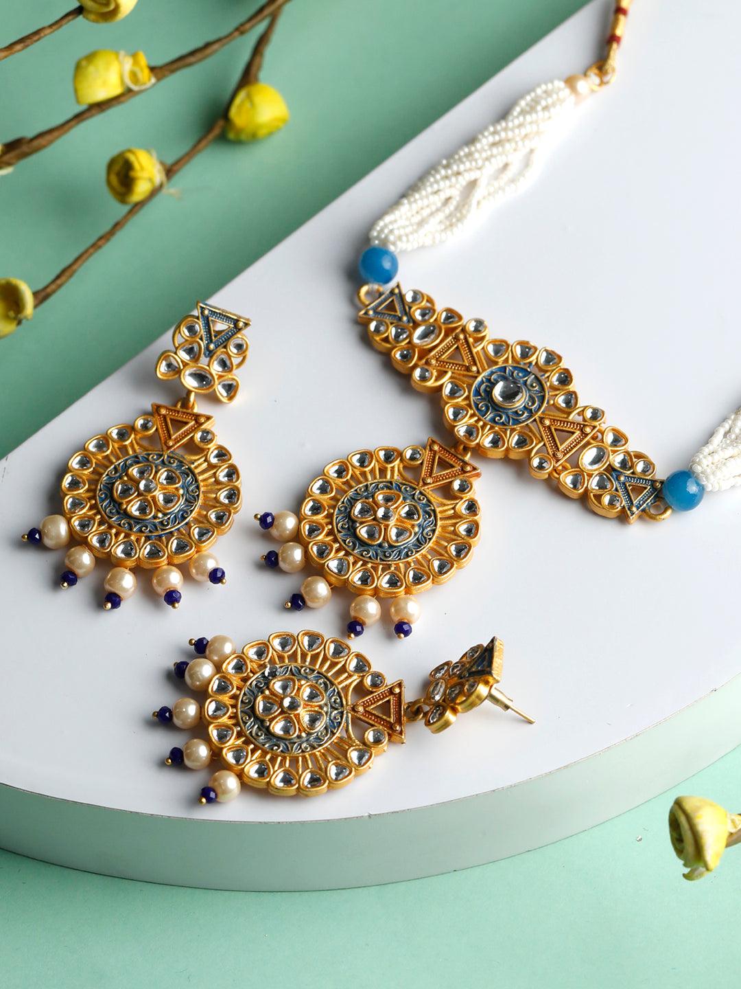 Women's Ethnic Gold & Blue Kundan Studded Meenakari Jewellery Set- Priyaasi - Indiakreations