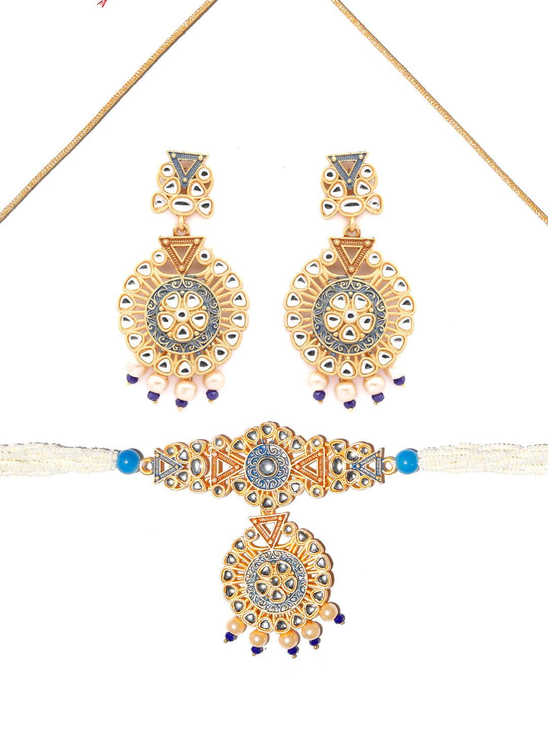 Women's Ethnic Gold & Blue Kundan Studded Meenakari Jewellery Set- Priyaasi - Indiakreations