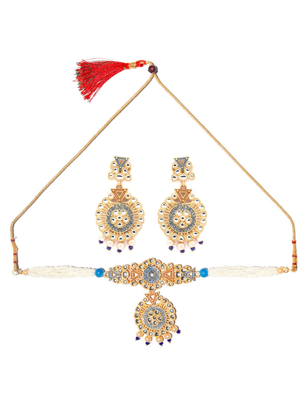 Women's Ethnic Gold & Blue Kundan Studded Meenakari Jewellery Set- Priyaasi - Indiakreations