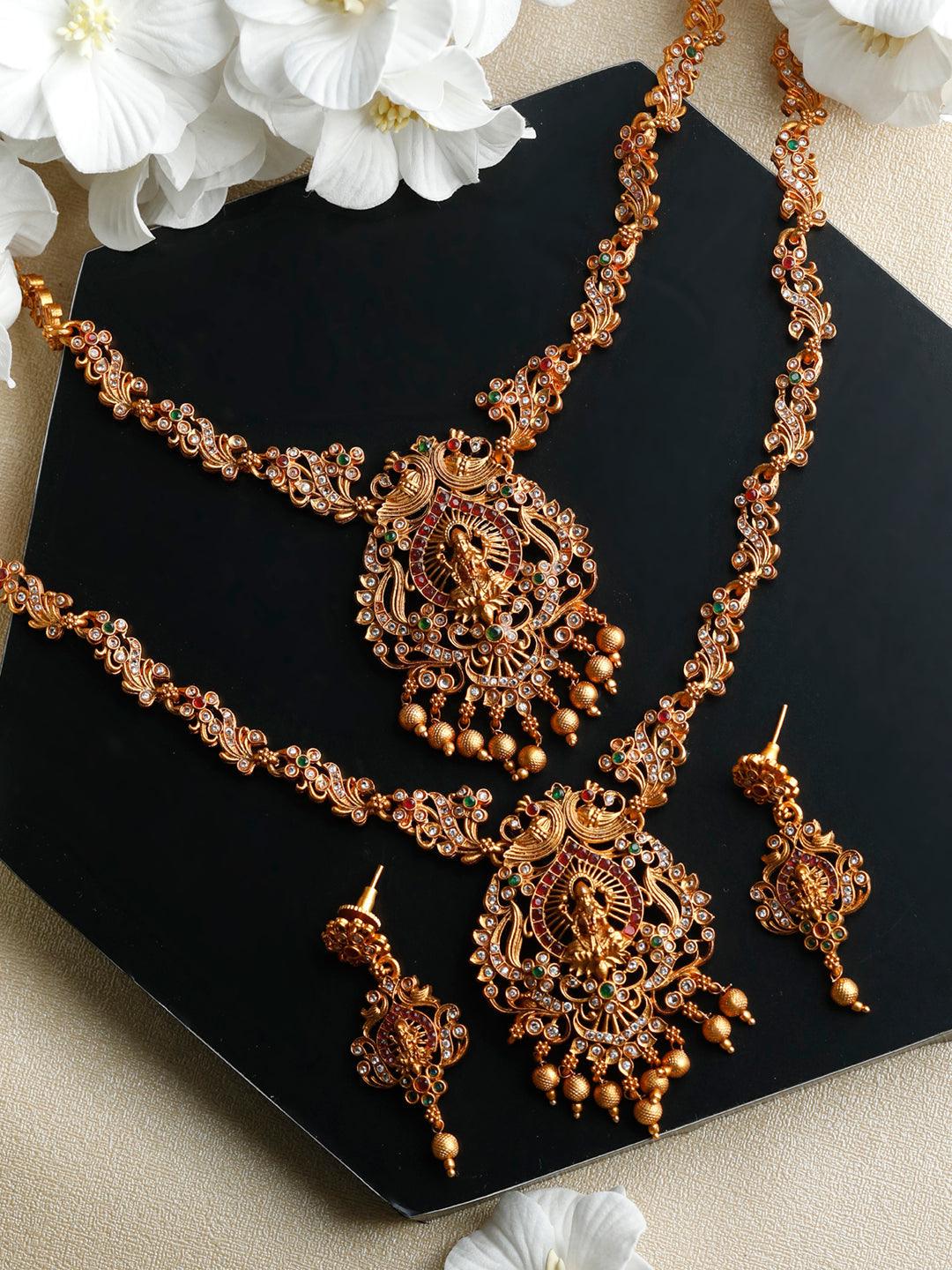 Women's Traditional Gold Plated Real Kemp Goddess Laxmi Jewelley Set- Priyaasi - Indiakreations