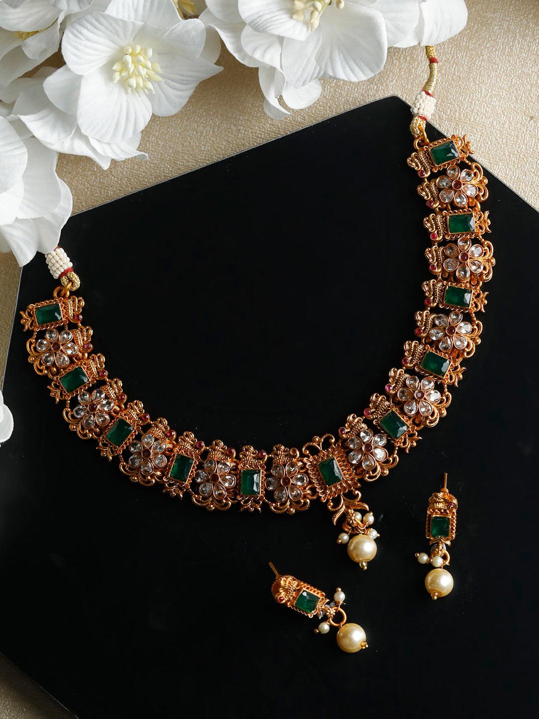 Women's Ethnic Ruby & Green Gold Plated Floral Jewellery Set- Priyaasi - Indiakreations