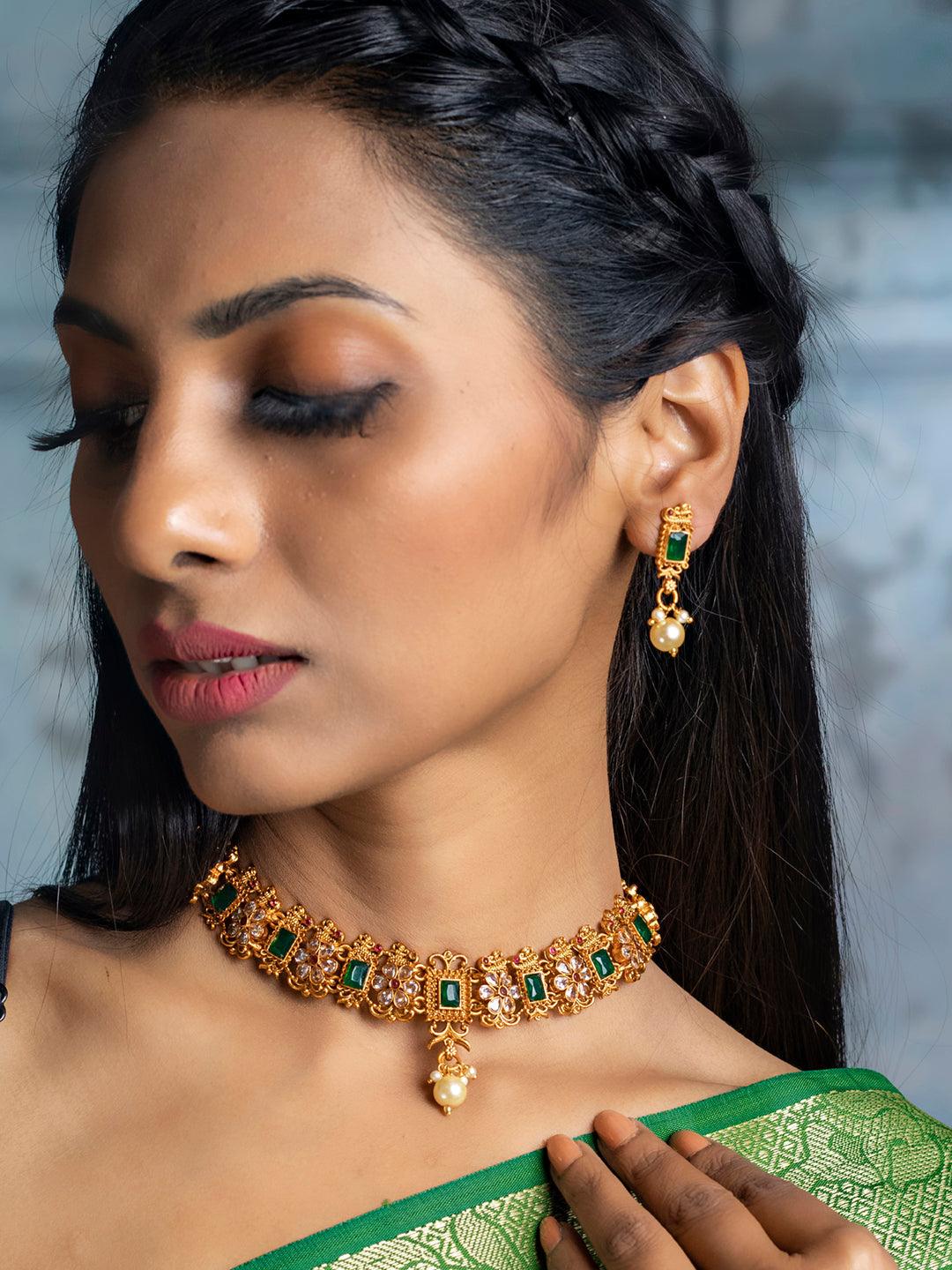 Women's Ethnic Ruby & Green Gold Plated Floral Jewellery Set- Priyaasi - Indiakreations