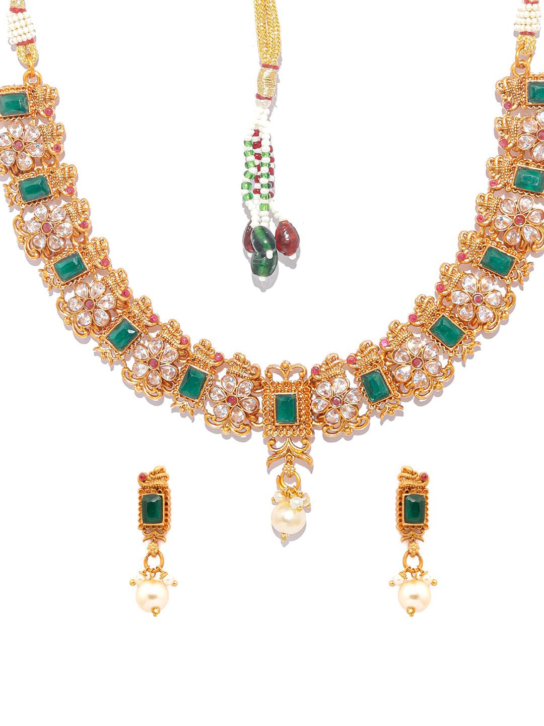 Women's Ethnic Ruby & Green Gold Plated Floral Jewellery Set- Priyaasi - Indiakreations