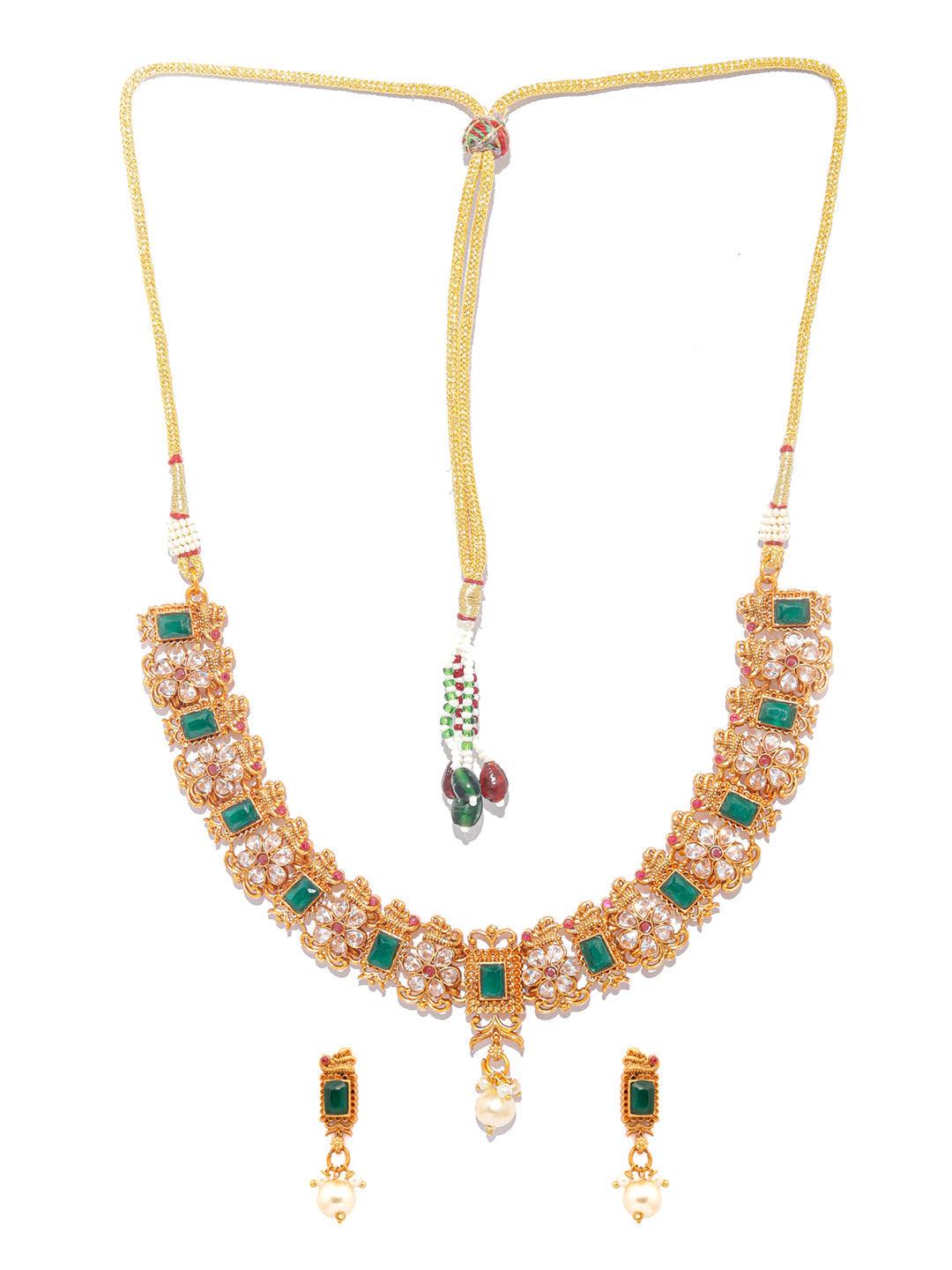 Women's Ethnic Ruby & Green Gold Plated Floral Jewellery Set- Priyaasi - Indiakreations