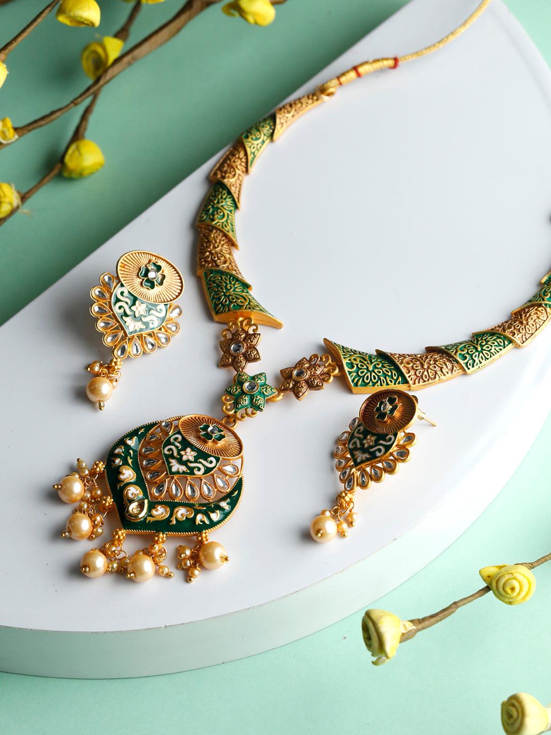 Women's Ethnic Gold & Green Floral Meenakari Jewellery Set- Priyaasi - Indiakreations