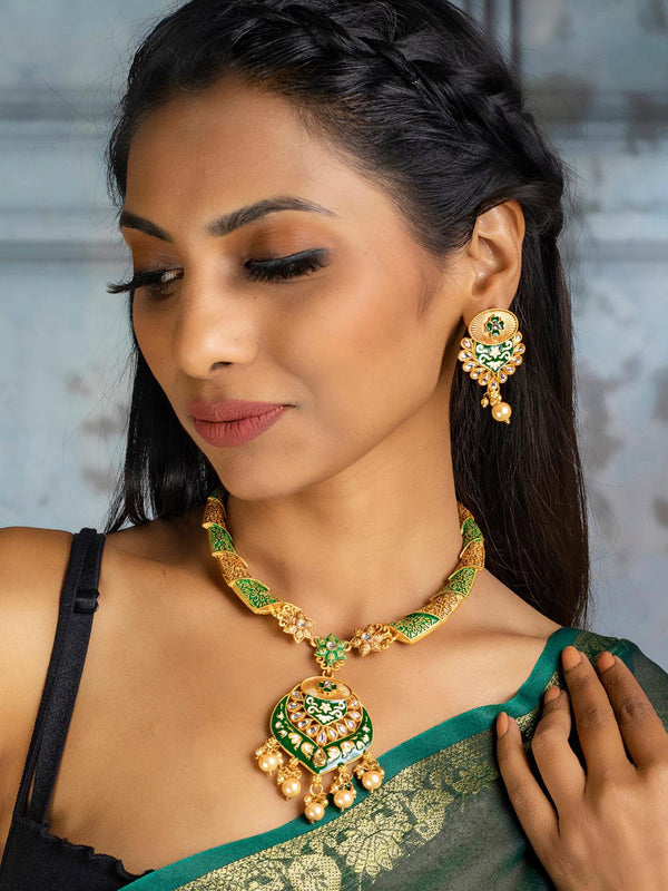 Women's Ethnic Gold & Green Floral Meenakari Jewellery Set- Priyaasi - Indiakreations