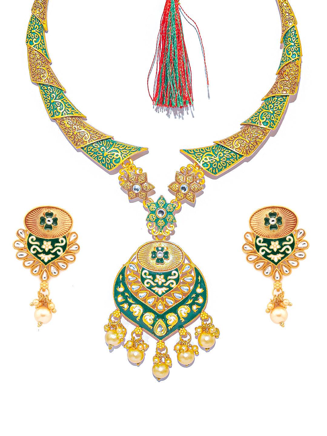 Women's Ethnic Gold & Green Floral Meenakari Jewellery Set- Priyaasi - Indiakreations