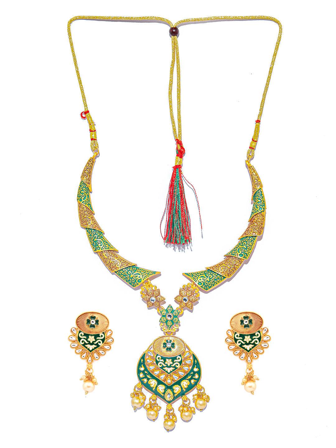 Women's Ethnic Gold & Green Floral Meenakari Jewellery Set- Priyaasi - Indiakreations