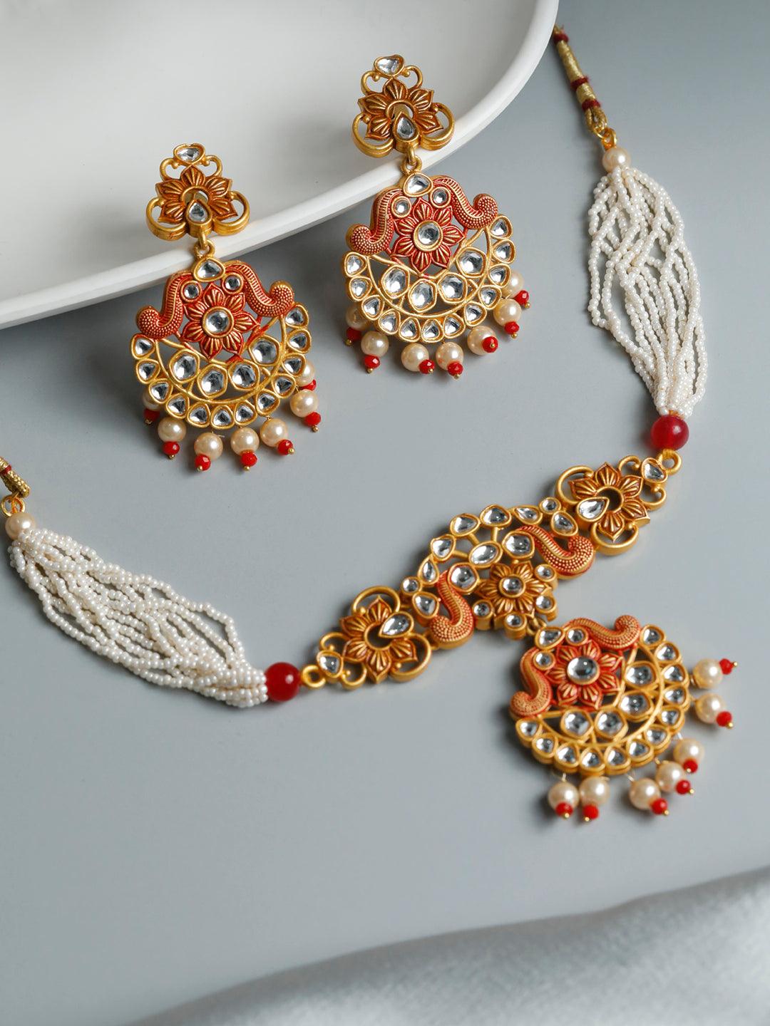 Women's Ethnic Gold & Red Floral Meenakari Jewellery Set- Priyaasi - Indiakreations