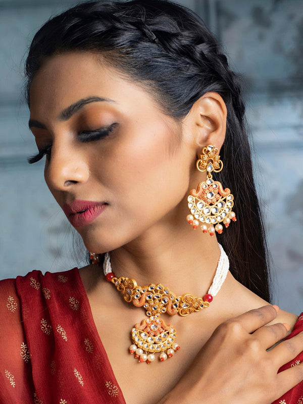 Women's Ethnic Gold & Red Floral Meenakari Jewellery Set- Priyaasi - Indiakreations