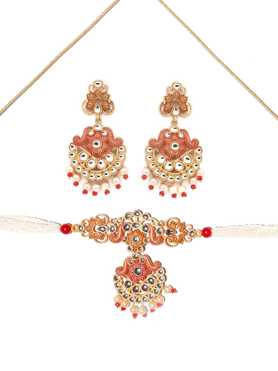 Women's Ethnic Gold & Red Floral Meenakari Jewellery Set- Priyaasi - Indiakreations