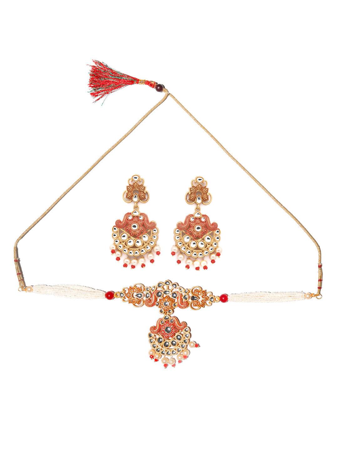 Women's Ethnic Gold & Red Floral Meenakari Jewellery Set- Priyaasi - Indiakreations