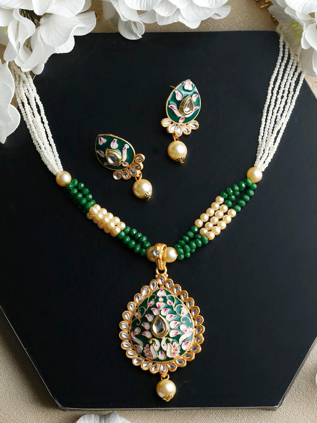 Women's Gold & Green Kundan Studded Meenakari Jewellery Set- Priyaasi - Indiakreations