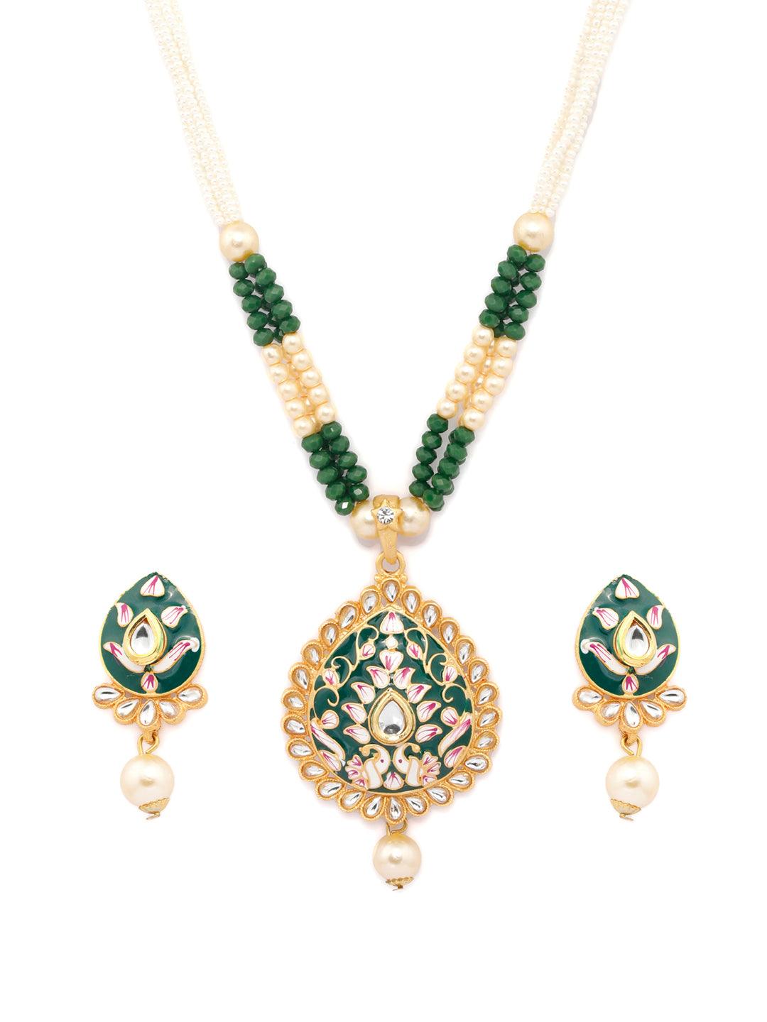 Women's Gold & Green Kundan Studded Meenakari Jewellery Set- Priyaasi - Indiakreations