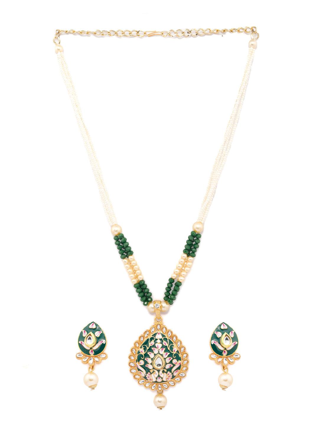 Women's Gold & Green Kundan Studded Meenakari Jewellery Set- Priyaasi - Indiakreations