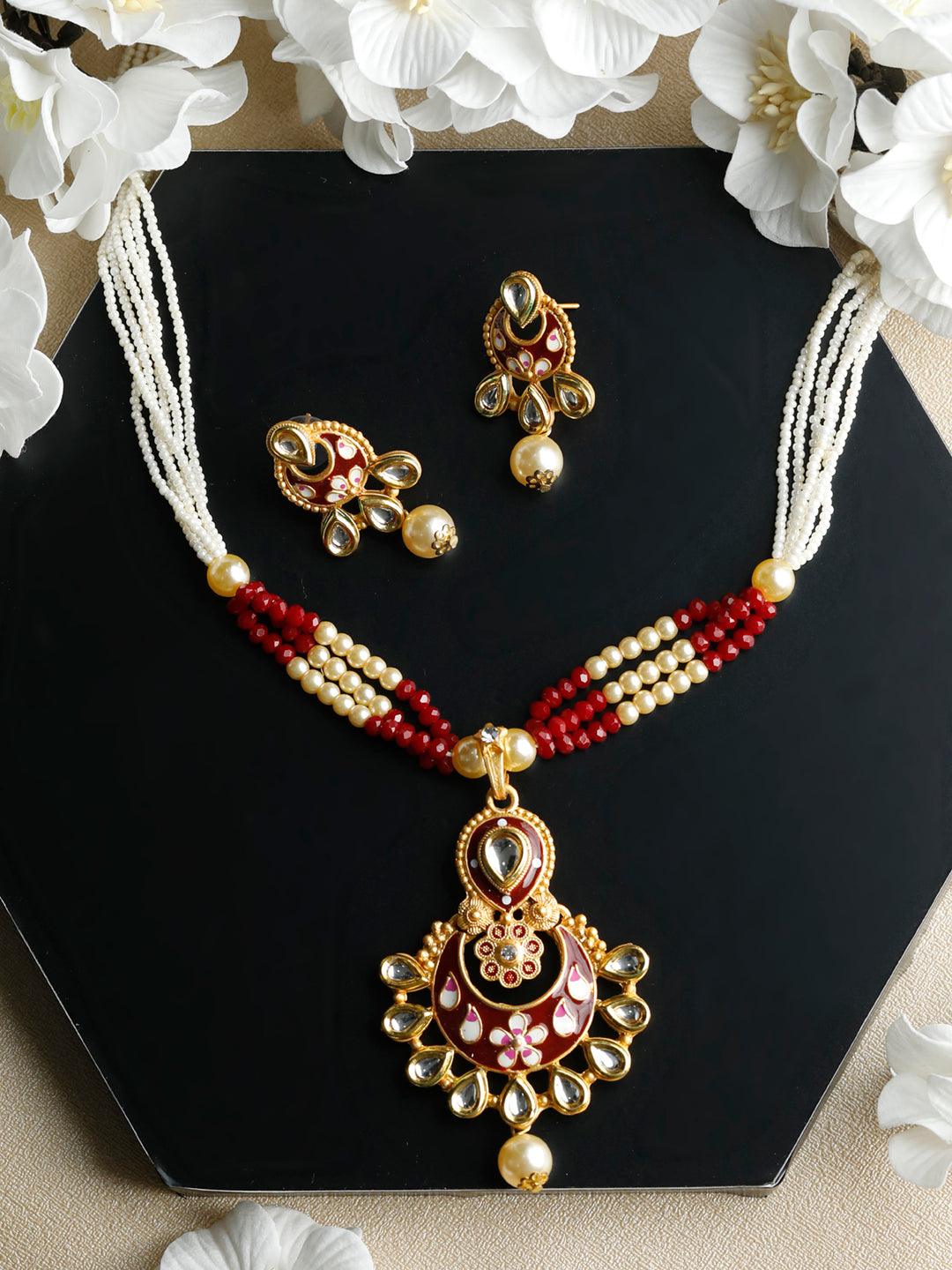 Women's Ethnic Gold & Red Kundan Meenakari Jewellery Set- Priyaasi - Indiakreations