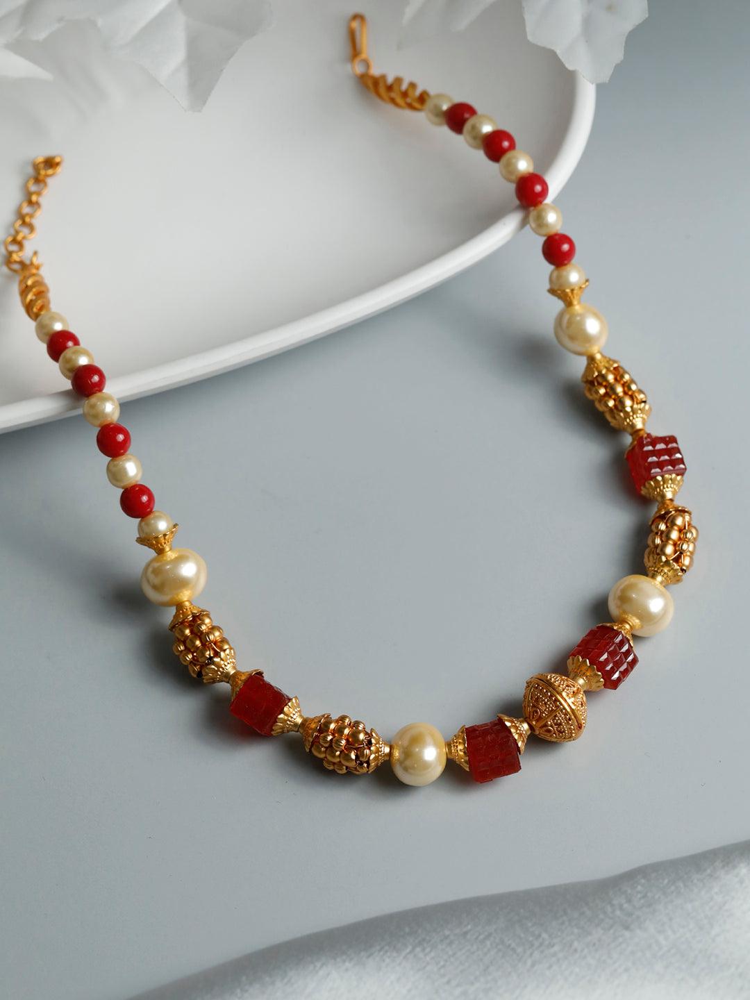 Women's Ethnic Red & White Gold Plated Necklace - Priyaasi - Indiakreations