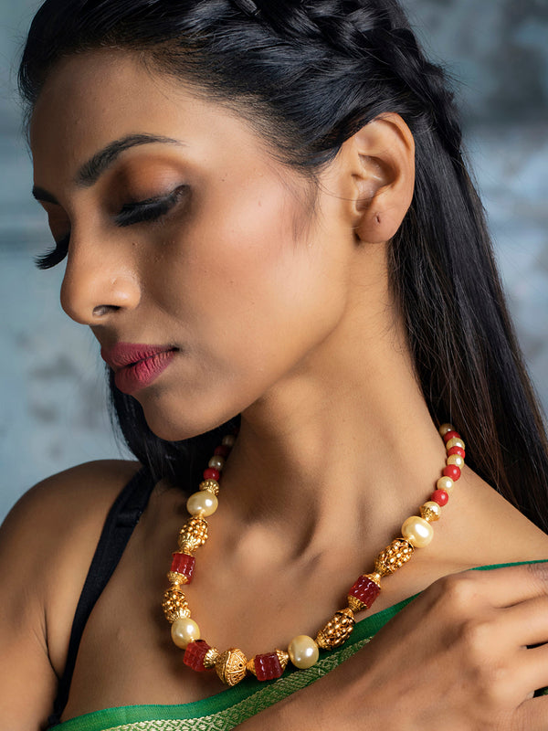 Women's Ethnic Red & White Gold Plated Necklace - Priyaasi