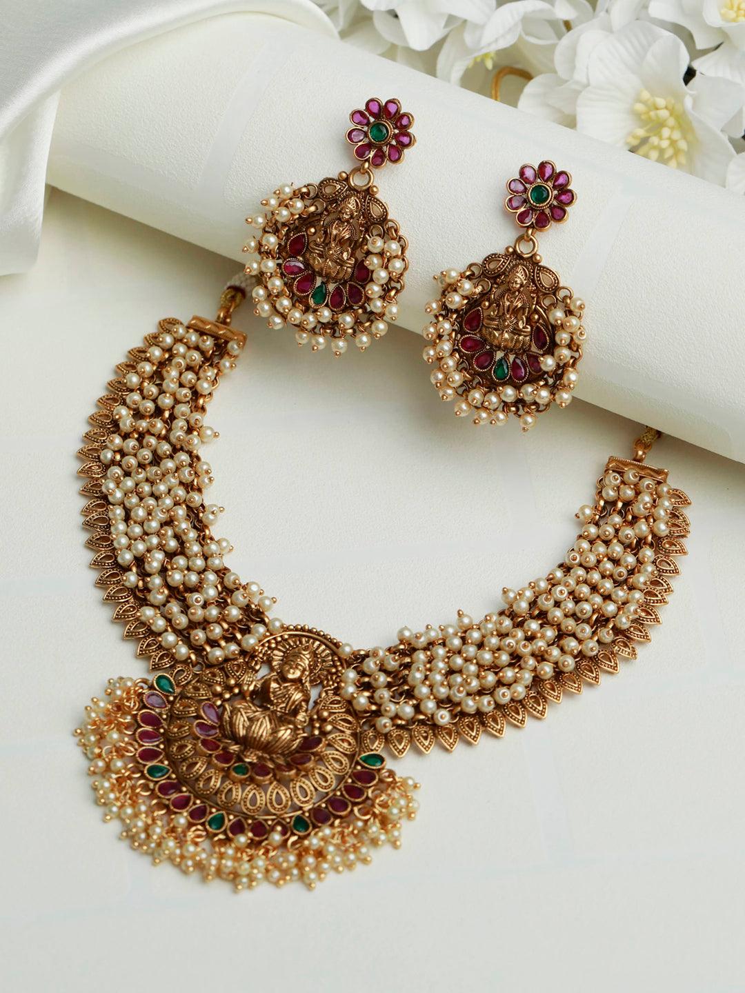 Women's Traditional Ruby & Green Goddess Laxmi Jewellery Set - Priyaasi - Indiakreations