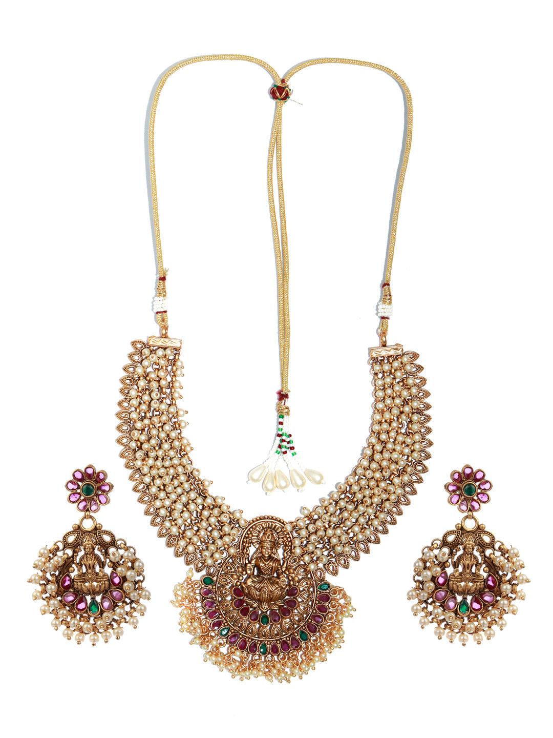 Women's Traditional Ruby & Green Goddess Laxmi Jewellery Set - Priyaasi - Indiakreations