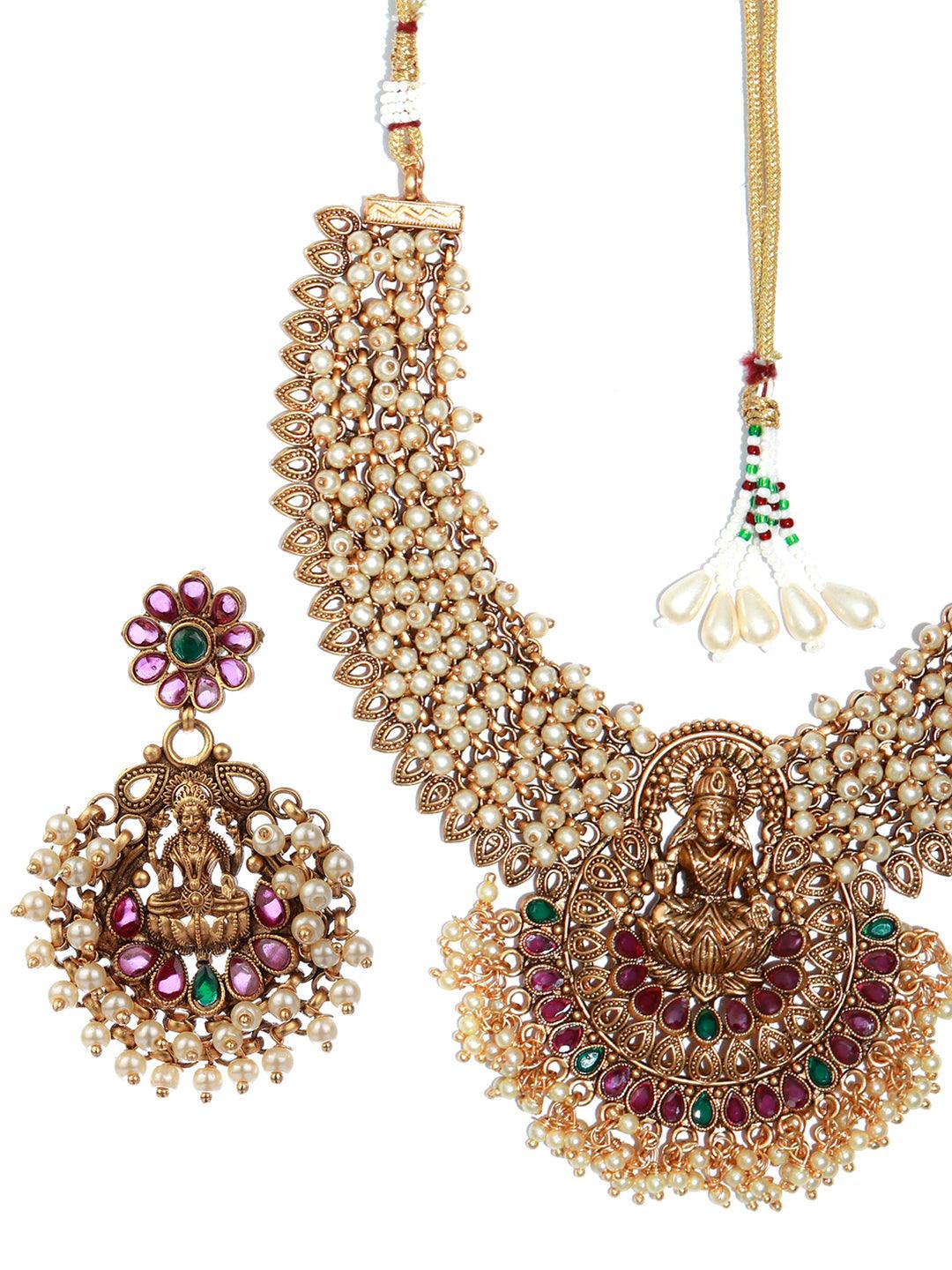 Women's Traditional Ruby & Green Goddess Laxmi Jewellery Set - Priyaasi - Indiakreations