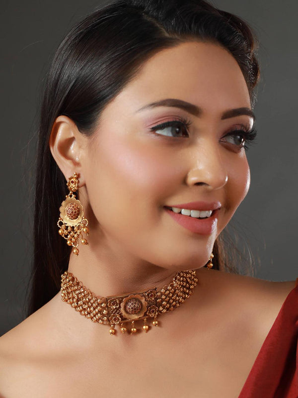 Women's Ruby Gold Plated Floral Jewellery Set - Priyaasi - Indiakreations