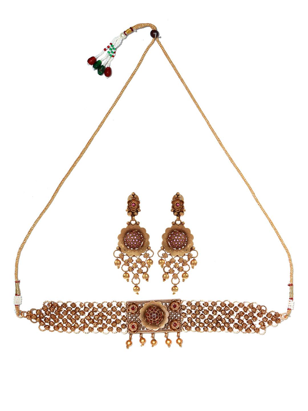Women's Ruby Gold Plated Floral Jewellery Set - Priyaasi - Indiakreations