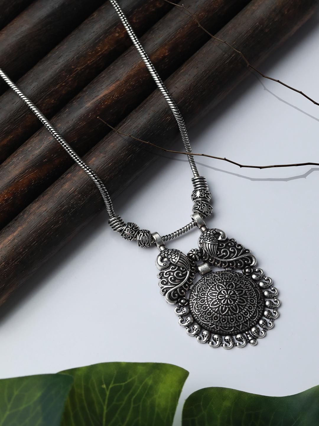 Women's Tribal Boho Silver Plated Peacock Necklace- Priyaasi - Indiakreations