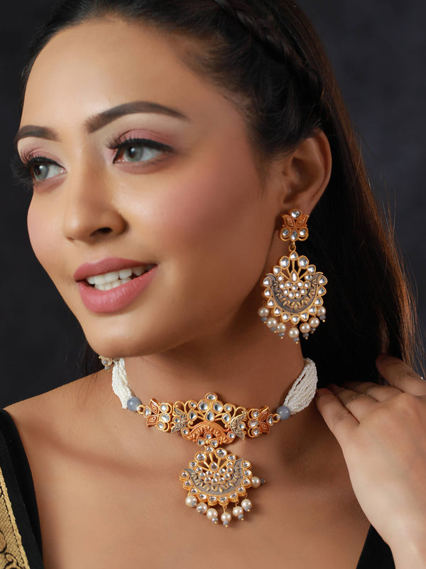 Women's Grey & Gold Kundan Meenkari Jewellery Set - Priyaasi