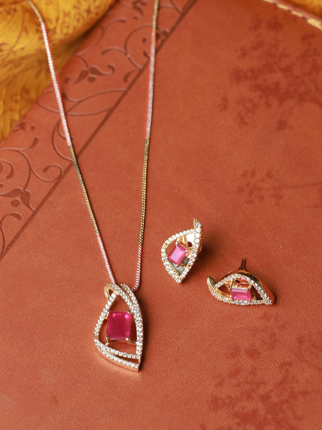 Women's Pink American Diamond Gold Plated Pendant & Earring Set- Priyaasi - Indiakreations