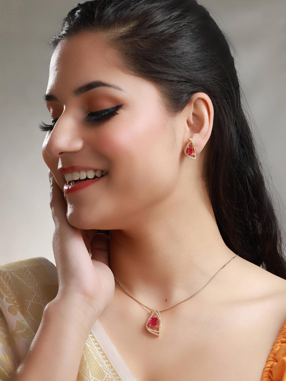 Women's Pink American Diamond Gold Plated Pendant & Earring Set- Priyaasi - Indiakreations