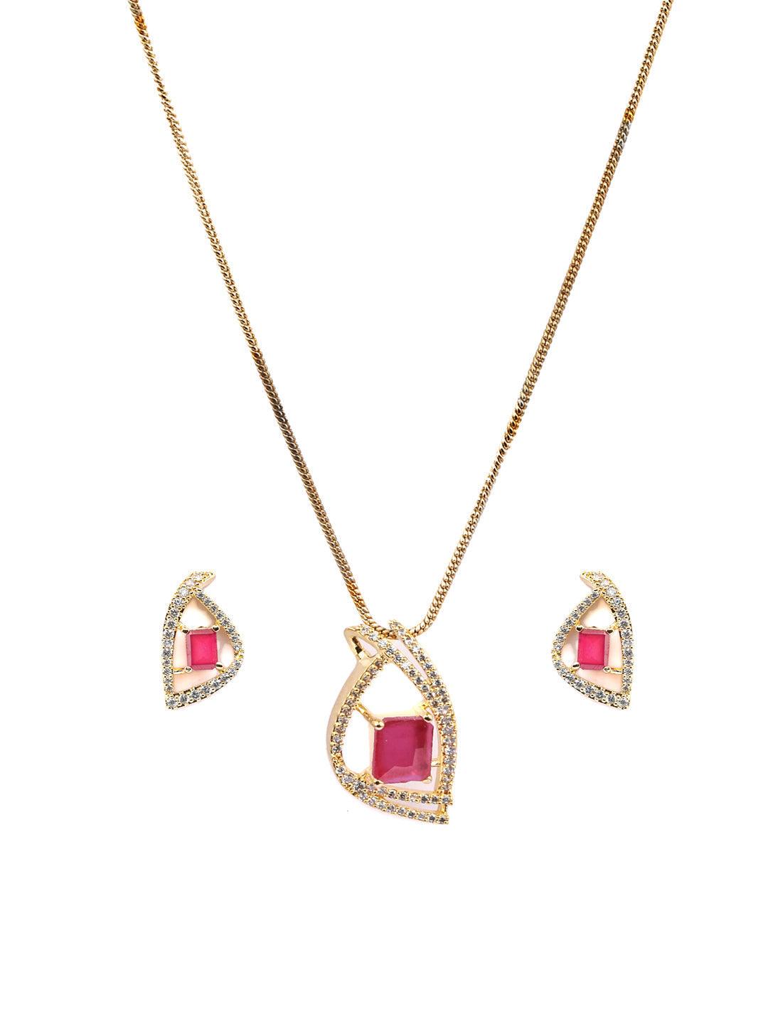 Women's Pink American Diamond Gold Plated Pendant & Earring Set- Priyaasi - Indiakreations