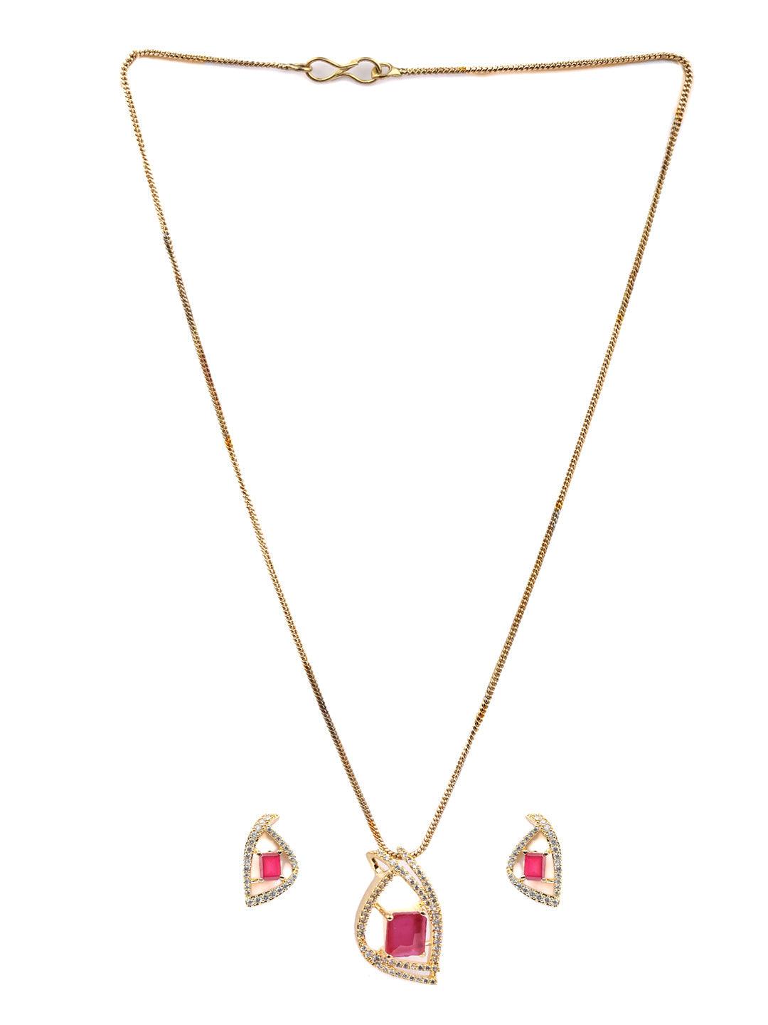 Women's Pink American Diamond Gold Plated Pendant & Earring Set- Priyaasi - Indiakreations