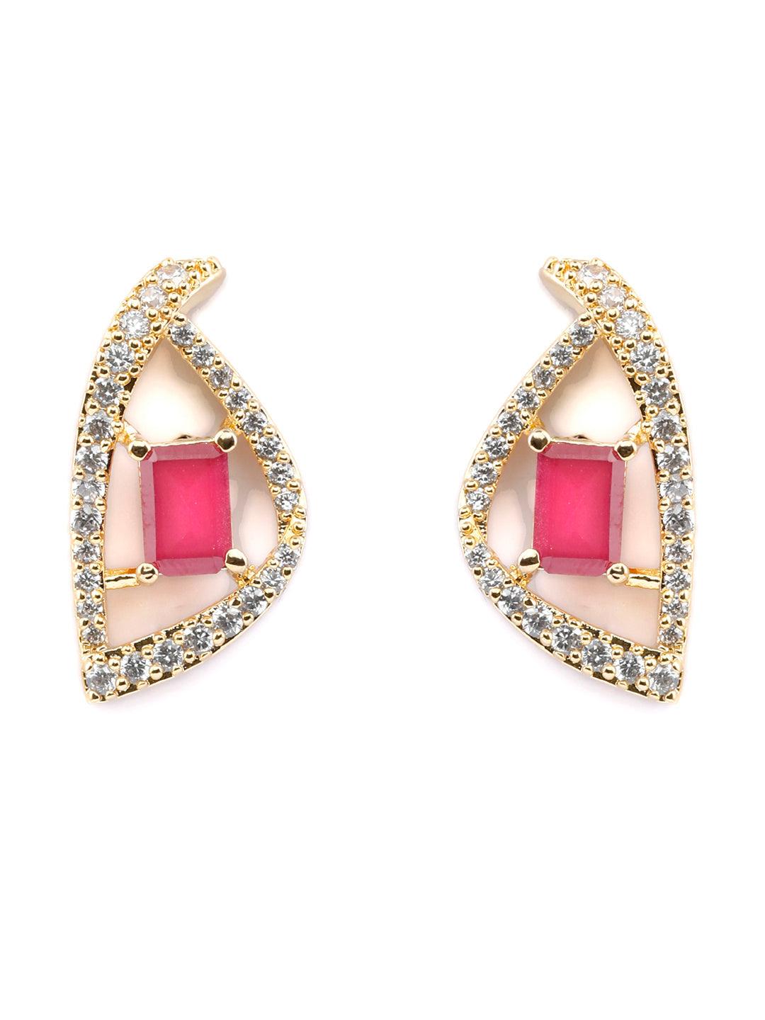 Women's Pink American Diamond Gold Plated Pendant & Earring Set- Priyaasi - Indiakreations