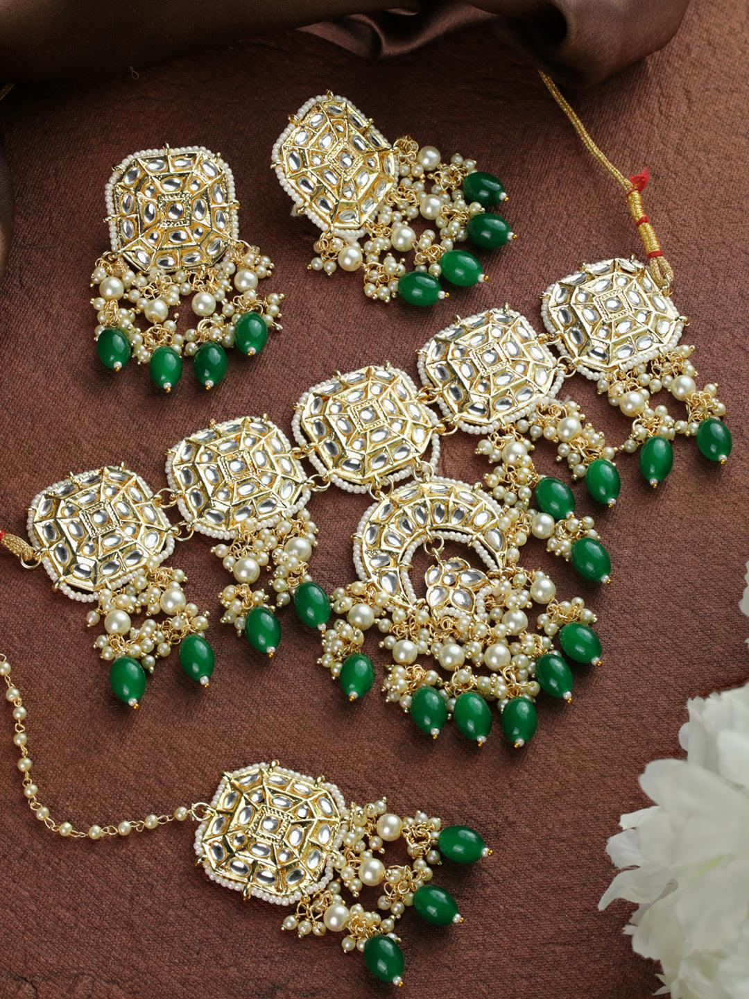 Women's Green Floral Kundan Gold Plated Jewellery Set with Maagtikka - Priyaasi - Indiakreations