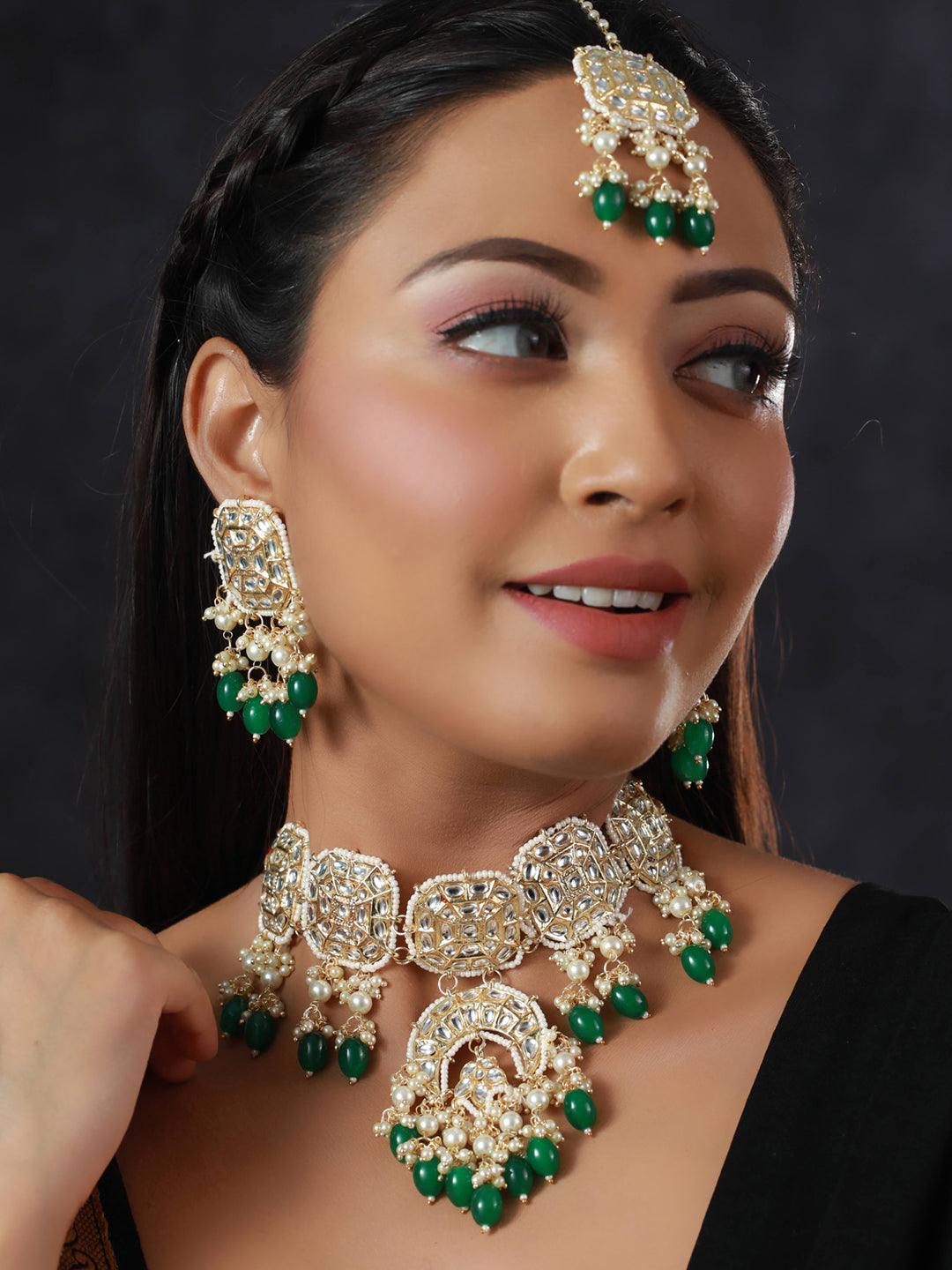 Women's Green Floral Kundan Gold Plated Jewellery Set with Maagtikka - Priyaasi - Indiakreations